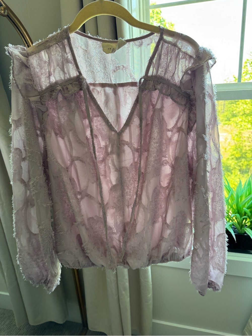MELLODAY Sheer Mauve Fringe-Trim Blouse